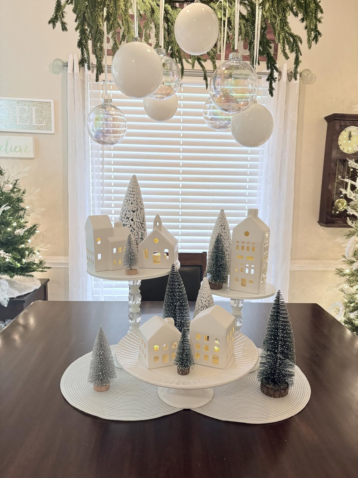 Christmas Decorations - Christmas Village Sets of 5 Lighted Ceramic Houses with Remote Control & 9 Trees - Indoor White Xmas Holiday Rustic Unique Decor for Home Table Room Farmhouse Decoration customer photo 2