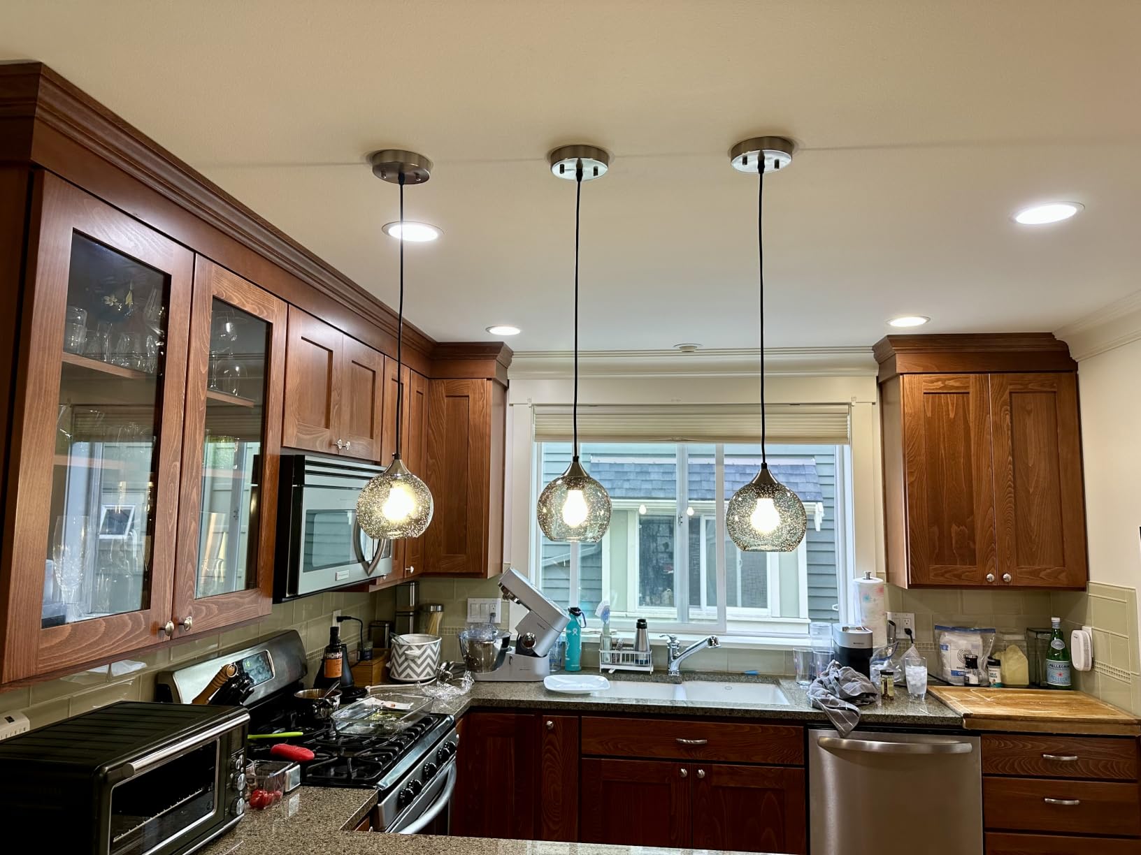 Gray Green Seeded Glass Pendant Lights Kitchen Island 3 Pack, 7.87in customer photo 2