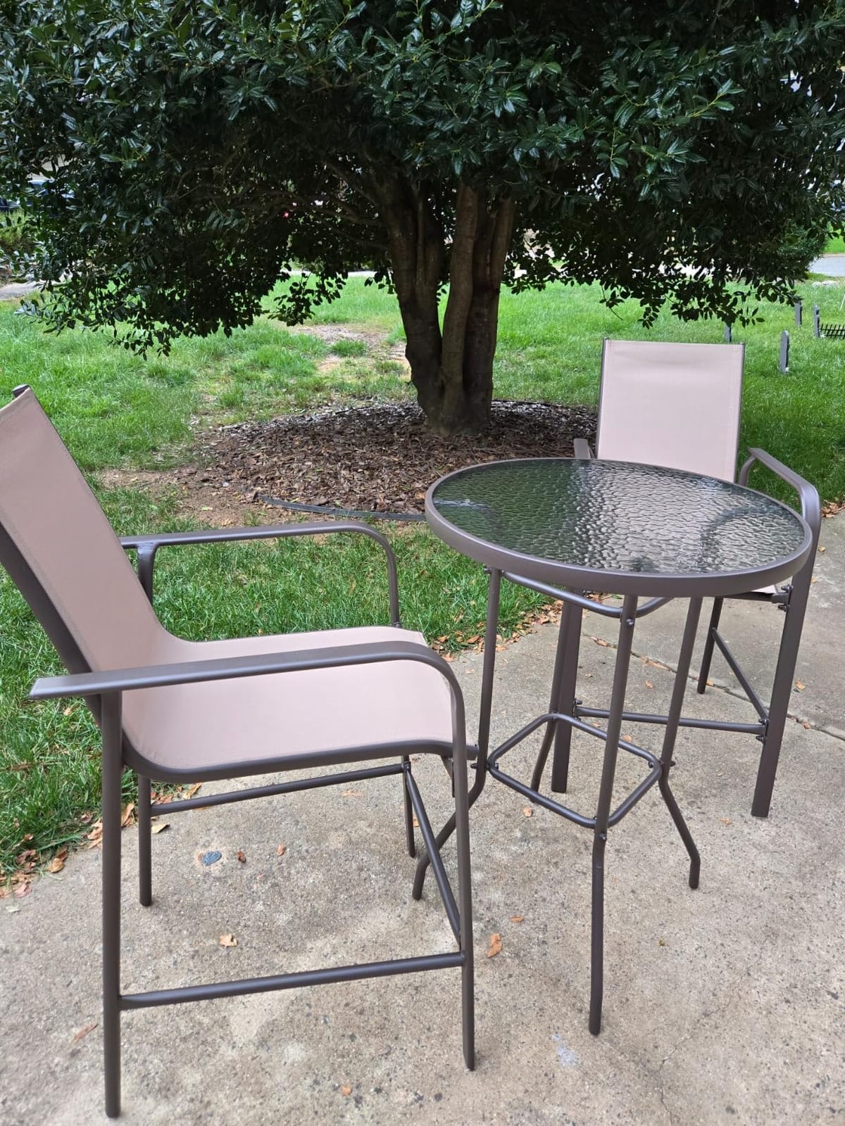 Tangkula 3 Pieces Outdoor Patio Bar Set, Outdoor Bistro Set with 2 Bar Stools and 1 Tempered Glass Bar Table, Bar Height Patio Table and Stools Set for Backyard, Garden, Lawn (Coffee) customer photo 1