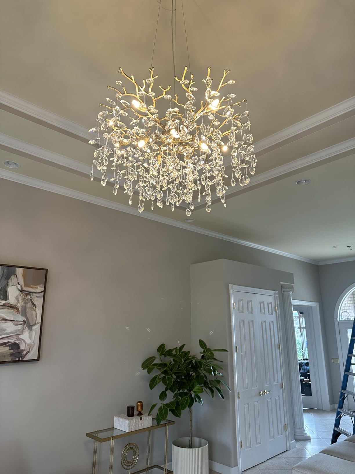118'' Long Chandelier for High Ceiling, 28-Light Luxury Gold Tree Branch Crystal Chandelier, Large Chandeliers for High Ceilings Staircase Foyer Entryway, 5-Tier Modern K9 Crystal Raindrop Fixture customer photo 1