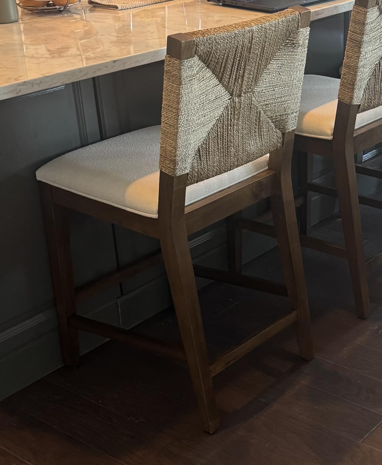 Nathan James Beacon Bohemian Boucle Bar Stool, Upholstered Counter Height Chair with Solid Wood Frame and Woven Seagrass Back for Kitchen Island, Light Brown/Seagrass/Cream Boucle, Set of 2 customer photo 1