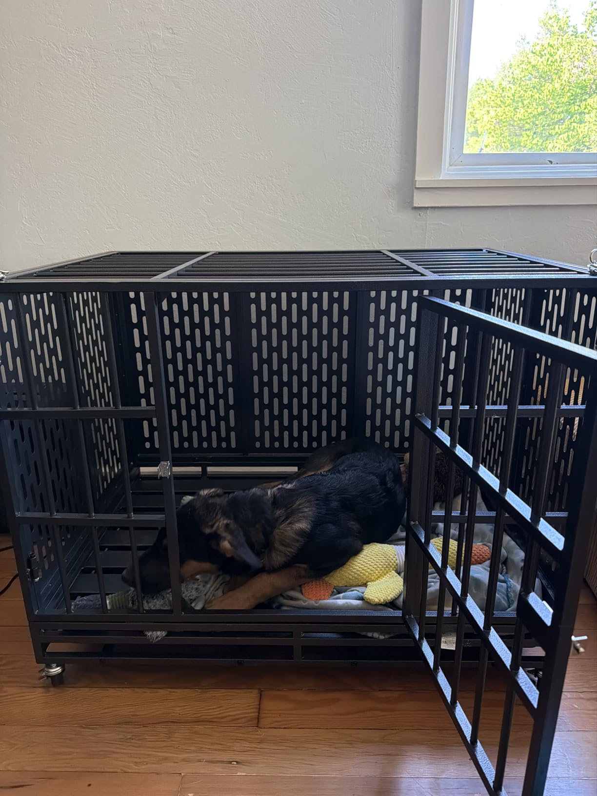 Snuowu 48 Inch Heavy Duty Dog Crate with Wheels, Metal Big Dog Cage for Large and Medium Dogs, Extra Large XL XXL Indestructible Dog Crate with Removable Tray. customer photo 1