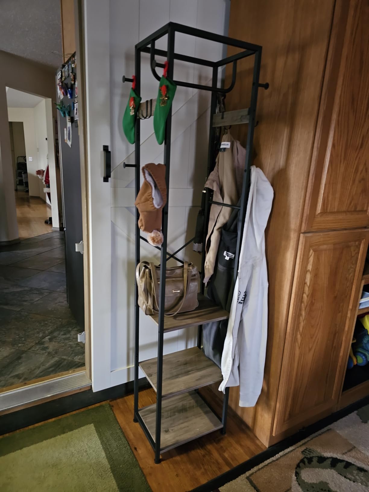 Coat Rack Freestanding, Hall Tree with 3 Shelves and 12 Hooks, Rustic Brown customer photo 2