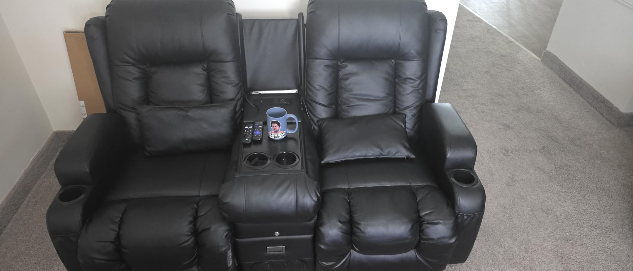 URRED Power Loveseat Recliner Sofa with Massage and Heat,Black | Wall Hugger Reclining Loveseat with Console, RV Couch Home Theater Seating with LED Lights for Living Room, Faux Leather customer photo 1
