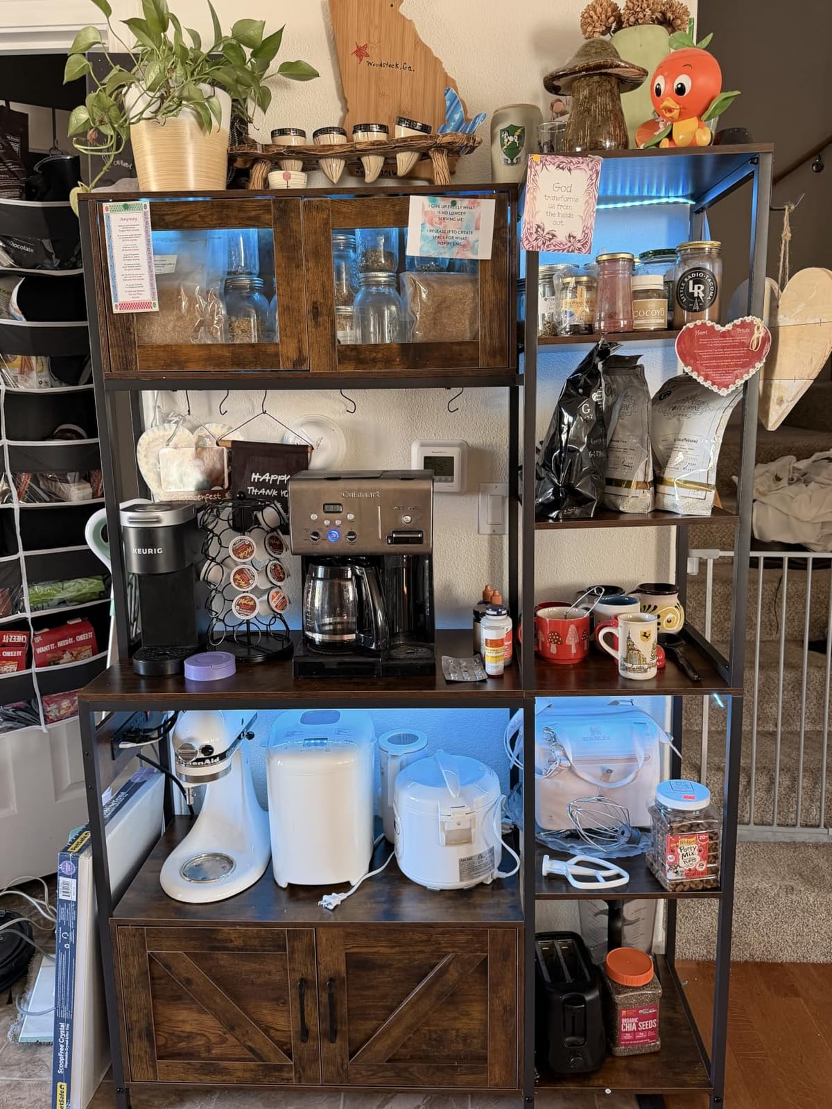 Itaar Bakers Rack with Power Outlet and LED Light, 45.3 Inch Farmhouse Coffee Bar Cabinet, Kitchen Microwave Stand with Storage, Glass Cabinet, Goblet Holder and 8 Hooks (Rustic Brown) customer photo 1