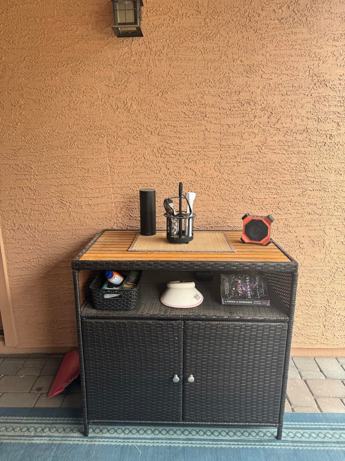 Tangkula Rattan Outdoor Storage Cabinet, Patiojoy Outdoor Cabinet with Acacia Wood Countertop, Open Compartment, 2-Door Wicker Sideboard, Outdoor Bar for Patio Garden Backyard Poolside (Black) customer photo 1