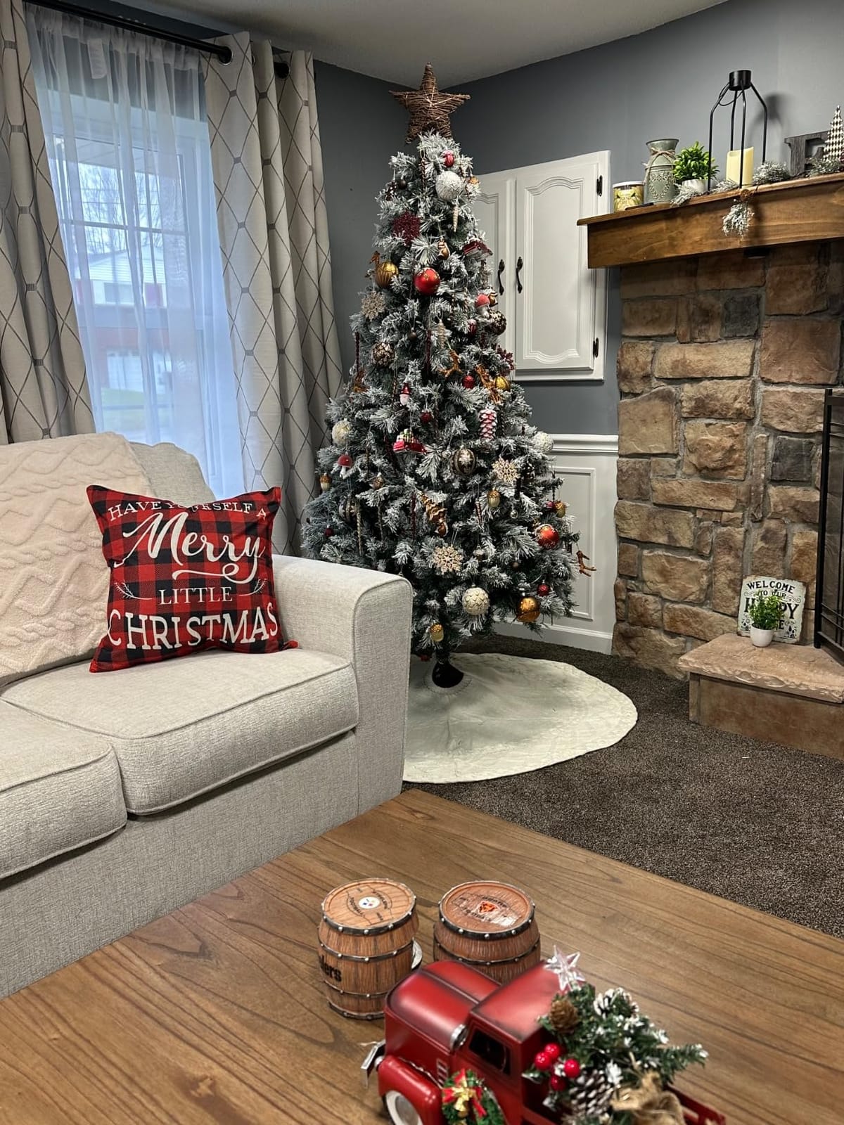 7.5FT Pre-lit Snow Flocked Christmas Tree Spruce with Remote Control, 600 Warm White Multi-Color Lights, Artificial Hinged/Feel Real/Realistic for Home, Holiday Decoration Dual Color LED customer photo 2