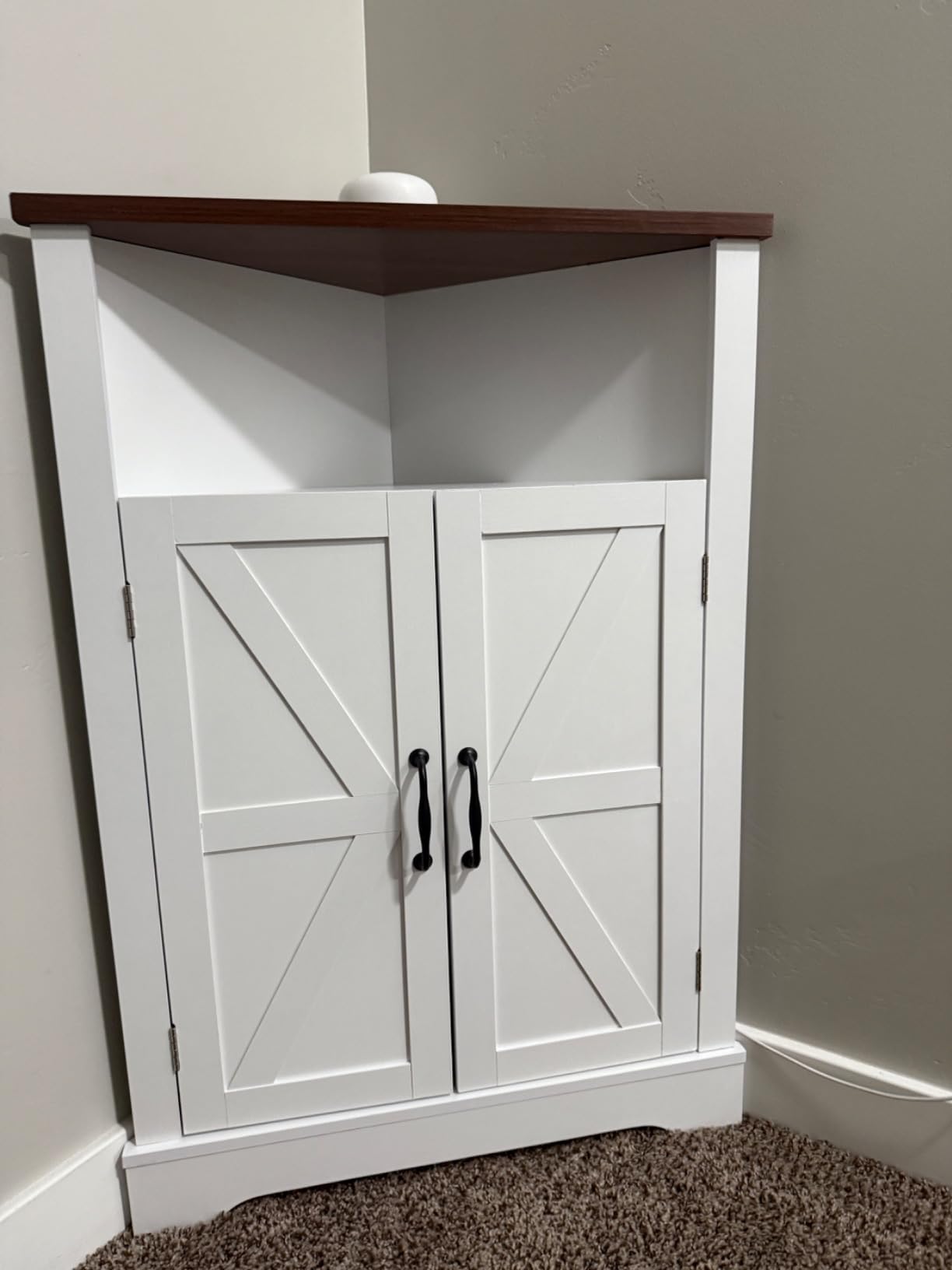 Smuxee Bathroom Corner Storage Cabinet, Farmhouse Floor Corner Cabinet with Barn Door and Adjustable Shelf, White Narrow Cabinet Organizer for Bathroom, Living Room, Kitchen customer photo 1