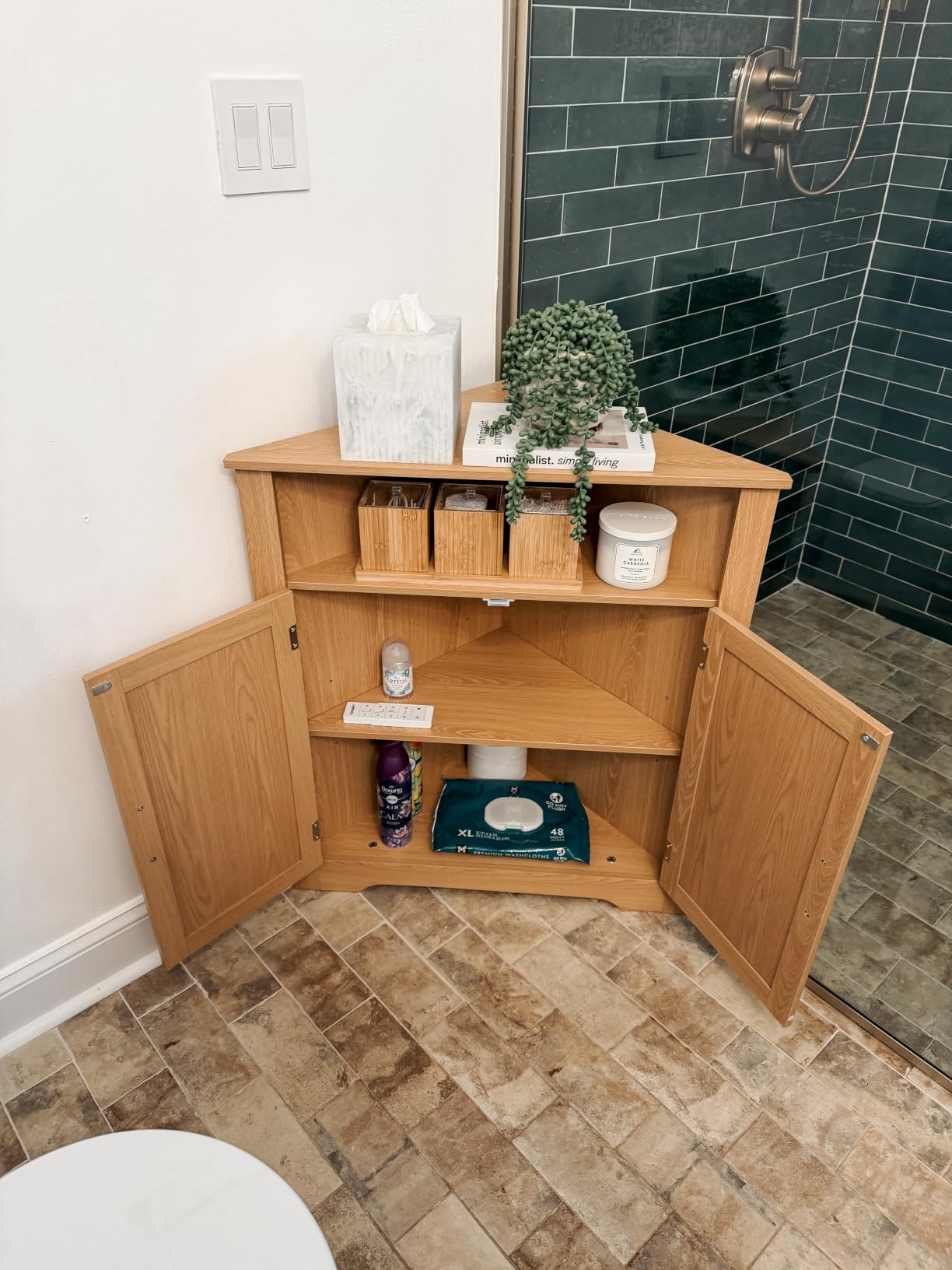 Smuxee Bathroom Corner Storage Cabinet, Farmhouse Floor Corner Cabinet with Barn Door and Adjustable Shelf, White Narrow Cabinet Organizer for Bathroom, Living Room, Kitchen customer photo 2