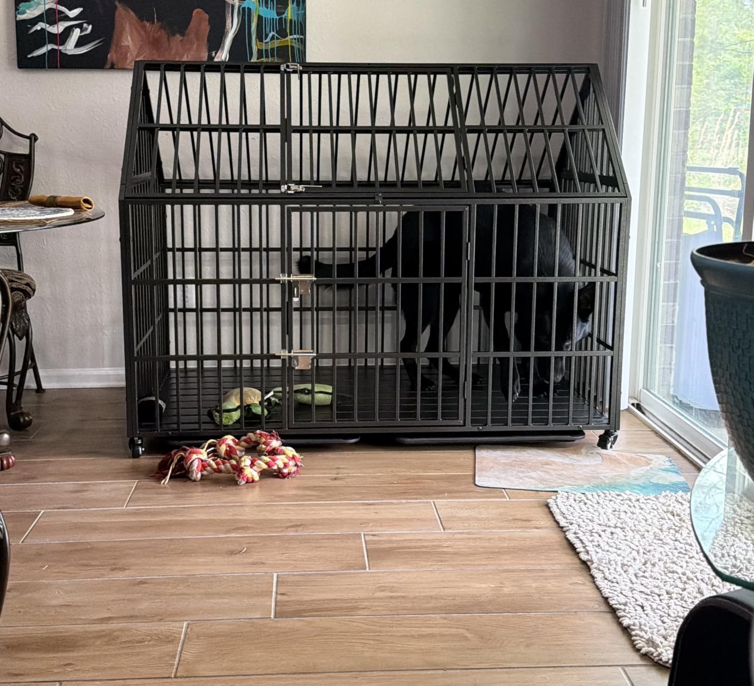 Heavy Duty Dog Crate 54 Inch Dog Pet Cage Kennel with Mat Escape Proof with Roof Top Open 4 Wheels 2 Doors Removable Trays for High Anxiety Extra Large XL XXL Dogs Breeds Great Dane Mastiff Bernard customer photo 2