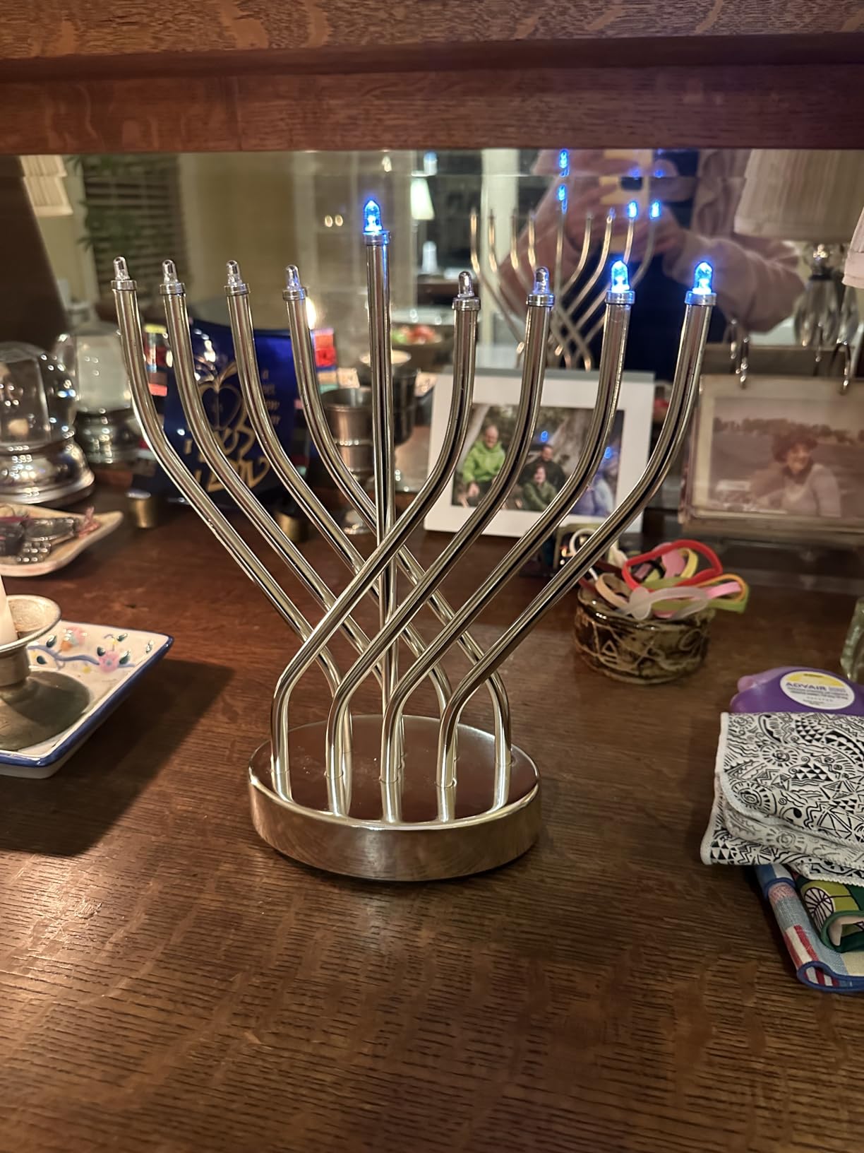 The Dreidel Company Traditional Black Hanukkah Electric Menorah Low Voltage Hanukkiah with LED Bulbs Contemporary Metal Electronic Chanukiah Battery Powered Size 10.6'' H x 9'' W x 3.23'' customer photo 2