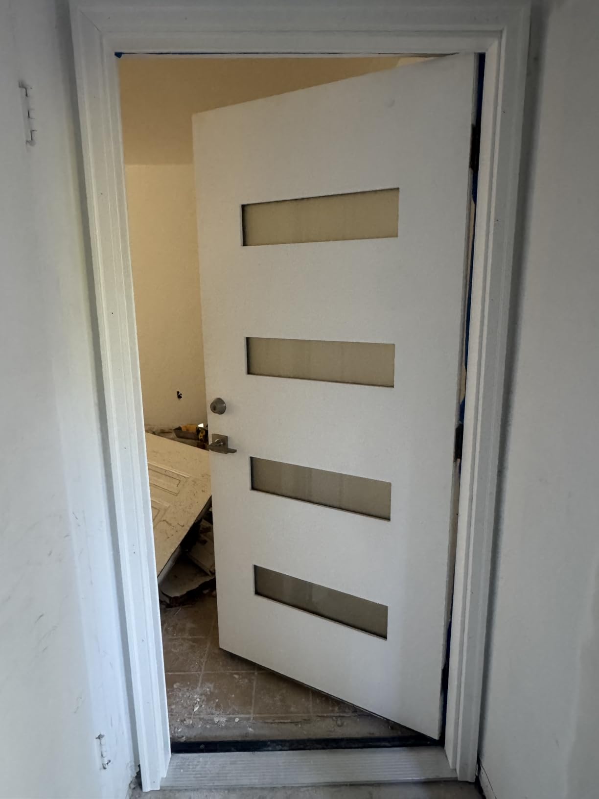 Fiberglass Exterior Front Door 36x80In, Right-Hand Inswing Featuring 4-Lite Frosted Glass White Primed Knock-Down Entry Door with Brickmould and Vinyl Frame customer photo 1