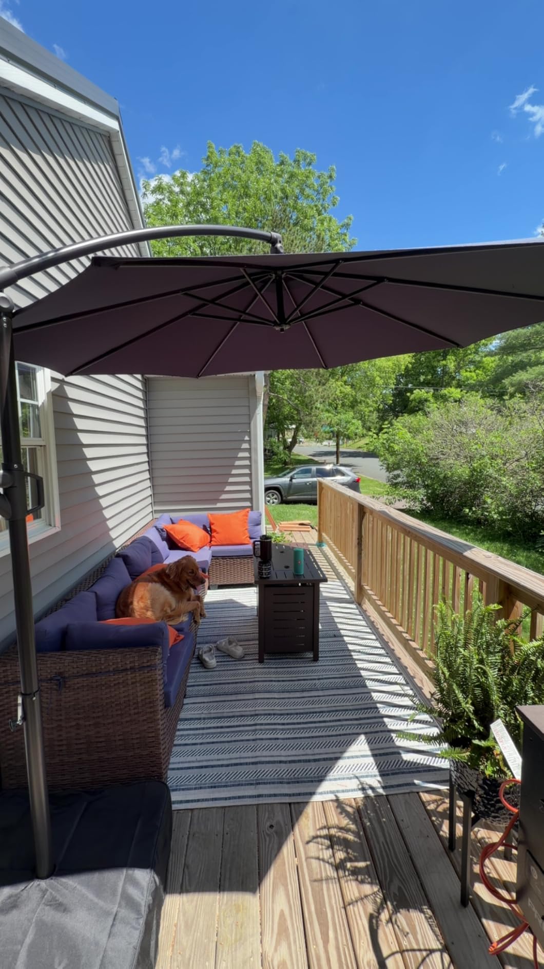 10ft Cantilever Patio Umbrella with Base Included, 30 MPH Wind-Resistant Offset Outdoor Hanging Umbrella with 45 Degree Infinite Tilt and Smooth Crank, 260gsm Solution-Dyed 8-Year Fade-Resistant Canopy for Backyard Pool Deck, Beige customer photo 2