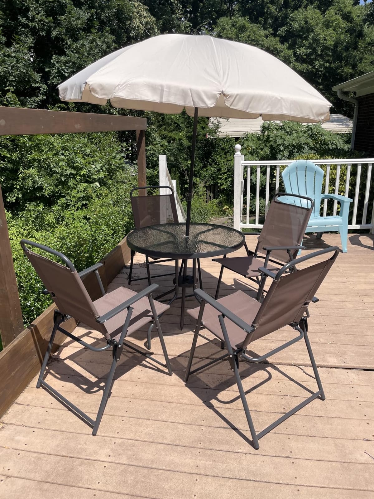 Shintenchi 6 Piece Patio Dining Set with Umbrella, Outdoor Furniture Set with 4 Folding Chairs and Tempered Glass Top Dining Table fot Lawn Backyard Garden Porch Black customer photo 2