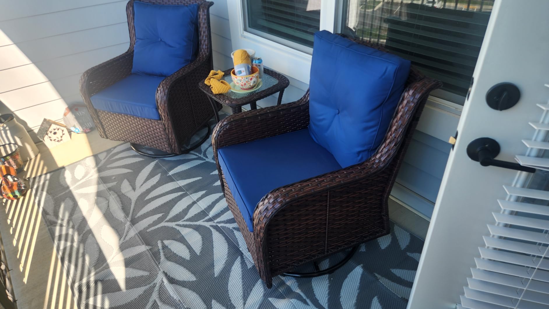 Wumiokio Patio Furniture Sets, 3 Pieces Wicker Outdoor Furniture - 360 Degree Swivel Rocking Chairs and Rattan Side Table for Garden,Porch,Backyard (Grey Wicker/Blue Cushion, 3PCS - Swivel Chairs) customer photo 1