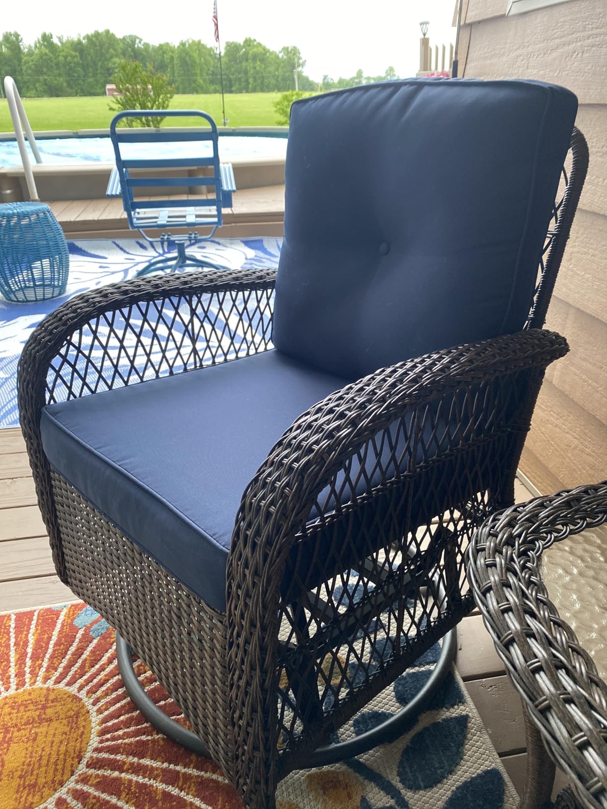 Aoxun 3 Pieces Patio Furniture Set, Patio Swivel Rocker Chairs Set of 2, Wicker Outdoor Bistro Set with Rocking Chair, Thickened Cushions and Table for Porch (Blue) customer photo 2