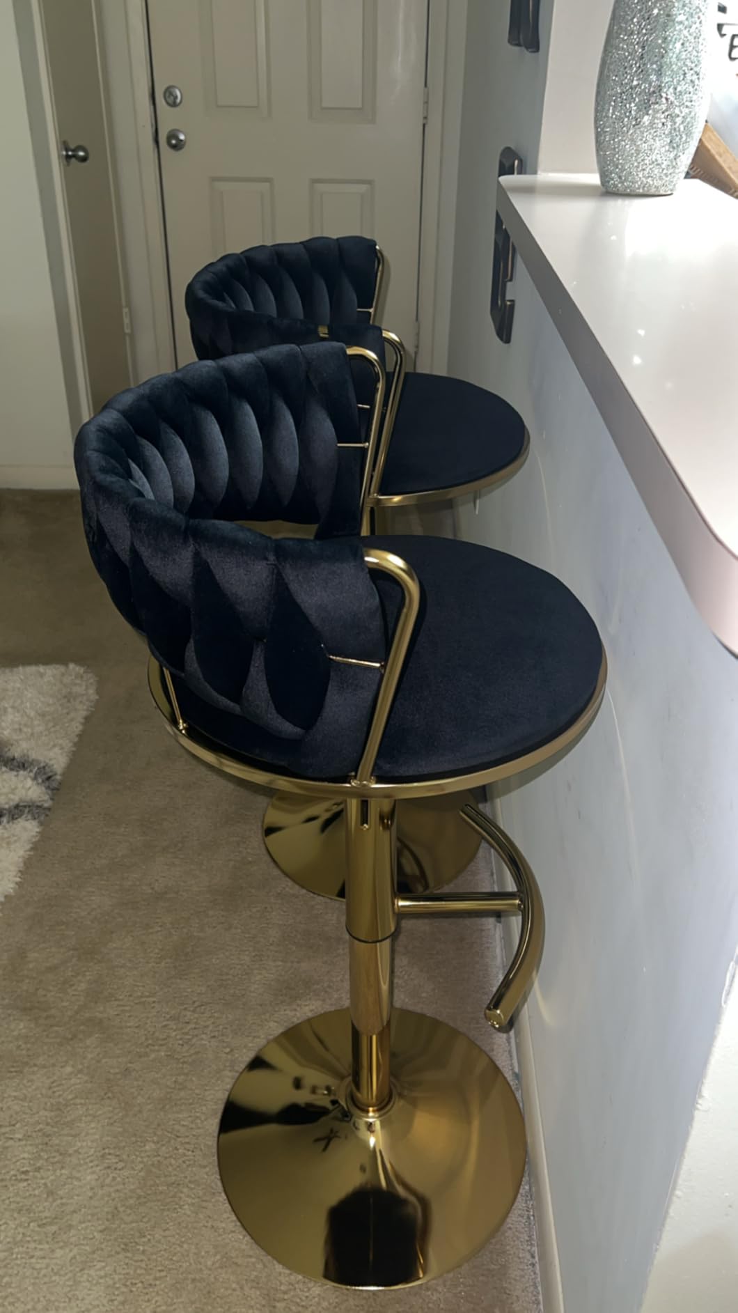Riknuxi Velvet Bar Stools Set of 3, Counter Height Barstools with Low Back, Gold Swivel Bar Stool for Kitchen Island, Pub (Beige) customer photo 2