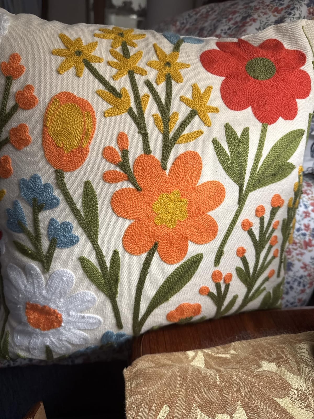 Embroidered Throw Pillow Cover 18x18 Inch, Flower Cluster | Decorative Pillow Cover, Floral Farmhouse Cushion Case with Hidden Zipper, Home Decor for Couch, Sofa, Living Room, Bedroom customer photo 1