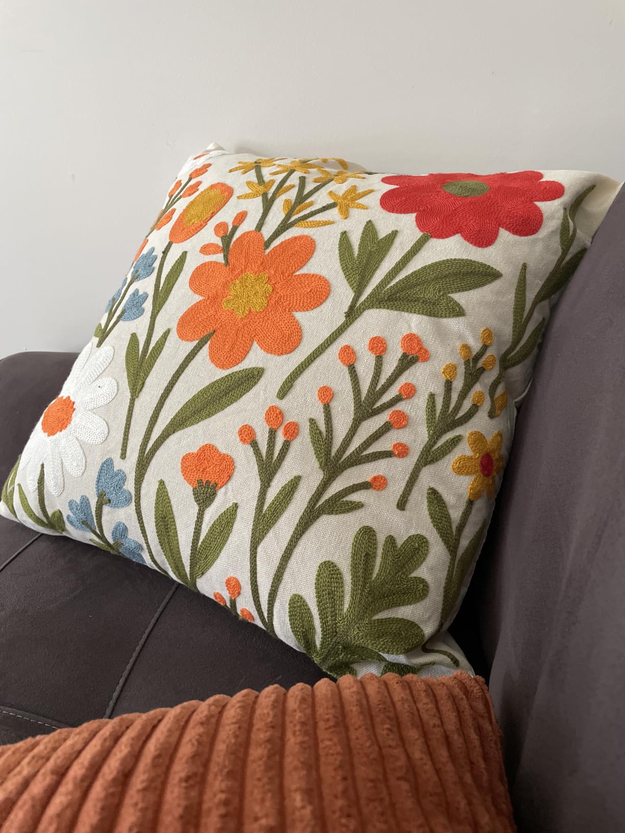 Embroidered Throw Pillow Cover 18x18 Inch, Flower Cluster | Decorative Pillow Cover, Floral Farmhouse Cushion Case with Hidden Zipper, Home Decor for Couch, Sofa, Living Room, Bedroom customer photo 2