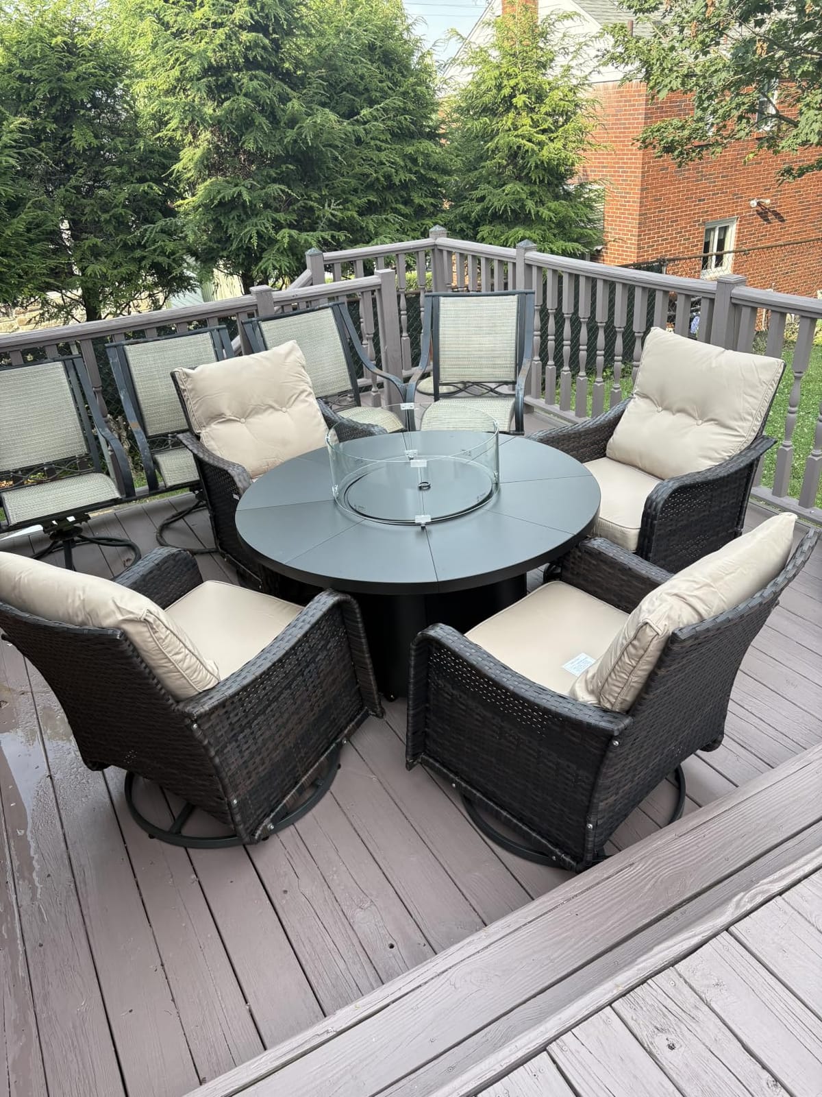 ALAULM 7-Piece Outdoor Swivel Rocking Chair Set with 40,000 BTU Round Fire Pit Table, Patio Furniture Set, Wicker Patio Chairs with Side Table for Poolside, Deck, Backyard, and Garden—Sand customer photo 2