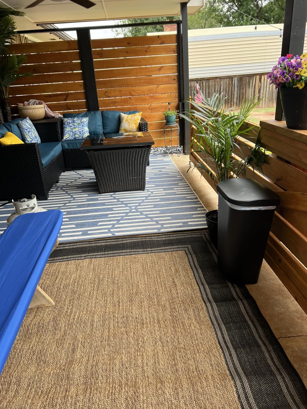 WAROOM Patio Furniture Set 4 Piece Conversation Sets Brown Rattan Outdoor Couch Loveseat Wicker Sectional Sofa with Storage Box Glass Top Table, Navy Blue Cushion customer photo 2