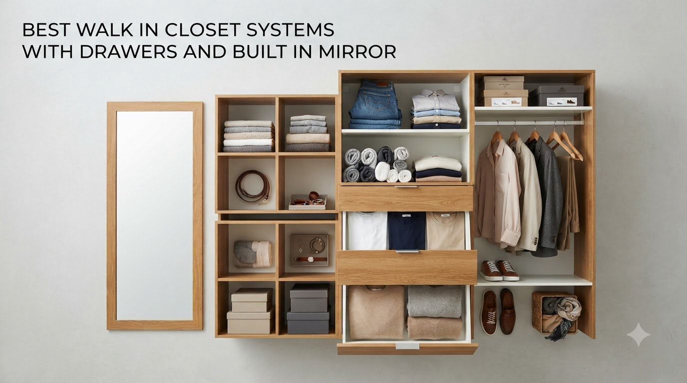 best walk in closet systems with drawers and built in mirror