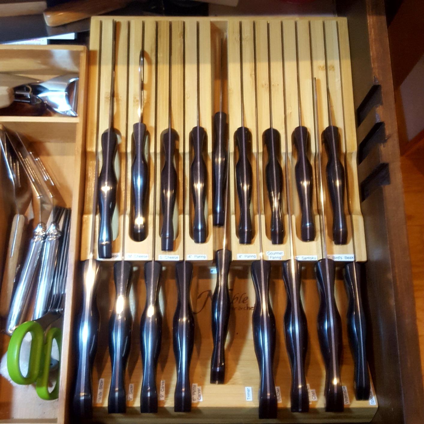 In-Drawer Bamboo Knife Block Holds 16 Knives (Not Included) Without Pointing Up PLUS a Slot for your Knife Sharpener! Noble Home & Chef Knife Organizer Made from Quality Moso Bamboo customer photo 2
