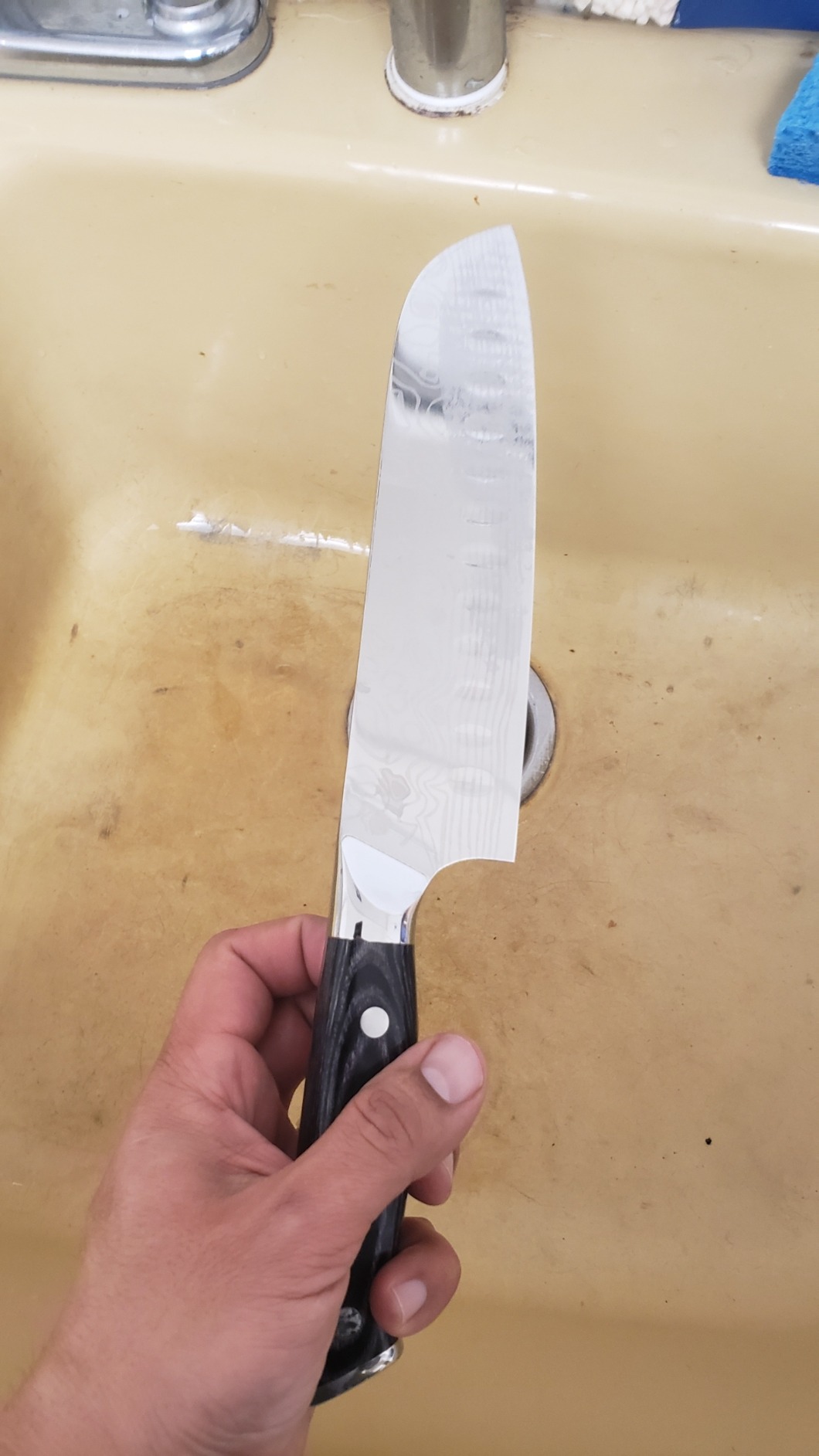 MOSFiATA Santoku Knife- 7 Inch Vegetable Knife Ultra Sharp Chopping Knife- Forged EN.4116 German Steel- Including Sheath,Finger Guard,Knife Sharpener,Full Tang,Best Gifts with Handmade Gift Box customer photo 2