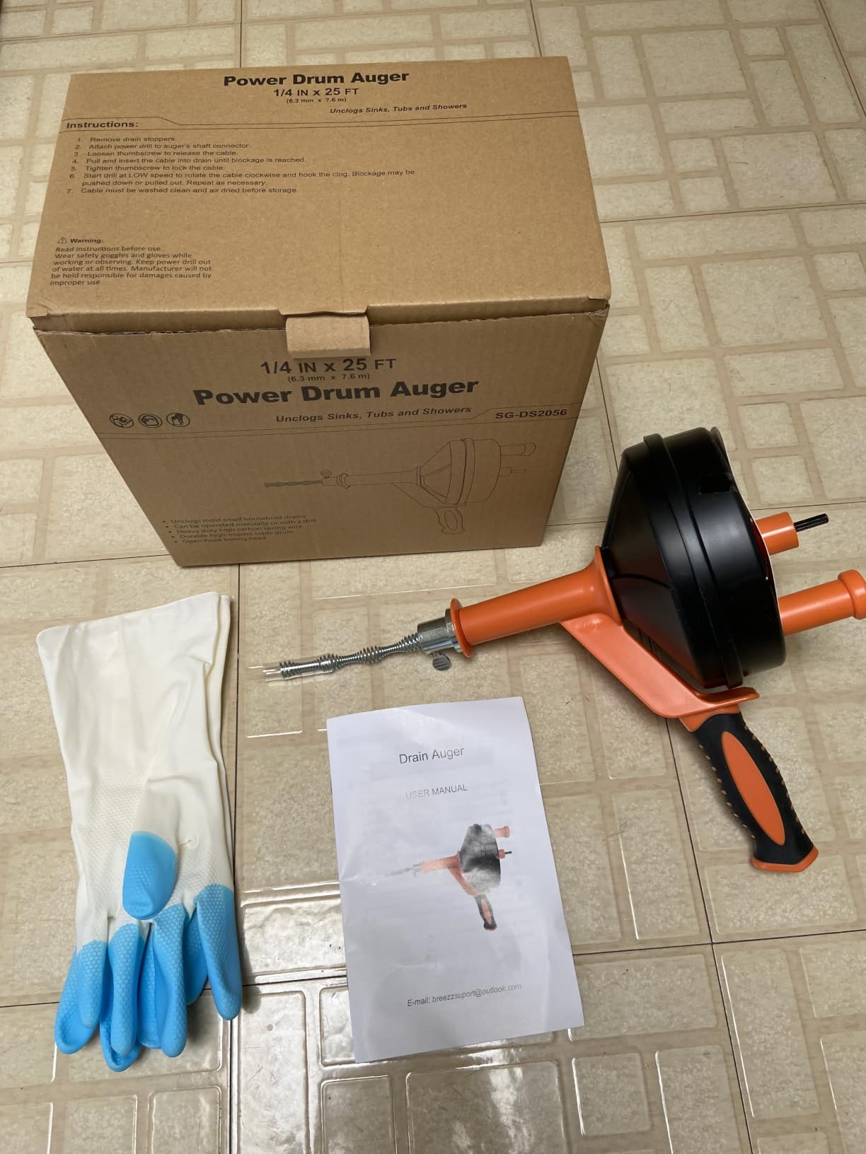 Drain Auger, Clog Remover with Drill Adapter, 25 Feet Flexible Plumbing Snake Use Manually or Powered for Kitchen, Bathroom and Shower Sink, Comes with Gloves (orange) customer photo 2