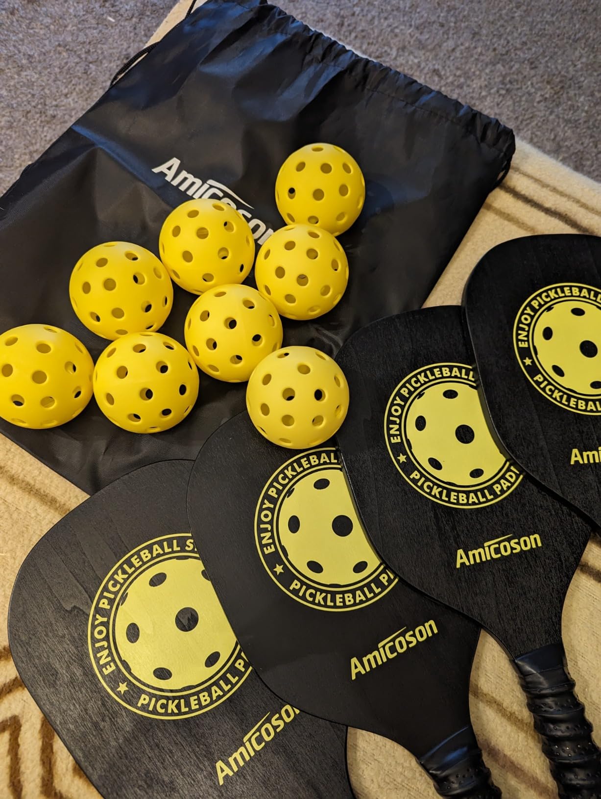 Amicoson Pickleball Paddles - Set of 4 Wooden Paddles, Indoor & Outdoor Balls, Ergonomic Grip, 8 Balls & 1 Carry Bag customer photo 1