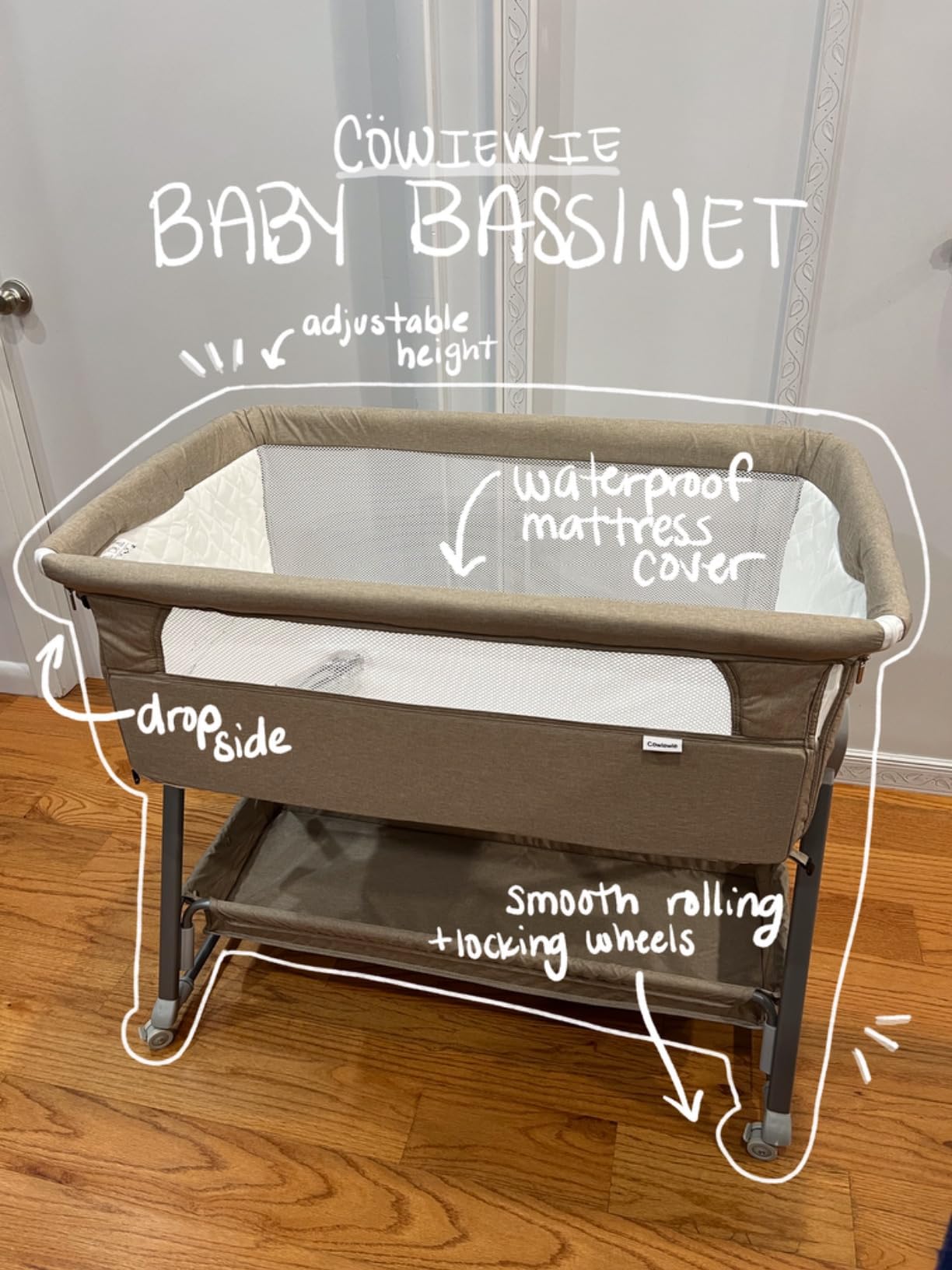 Cowiewie 3-in-1 Baby Bassinet Bedside Sleeper - Portable Travel Bassinet & Mobile Cradle with Wheels, 7 Heights, Drop Down Side, XL Storage Basket, Breathable Mesh & Mattress (Pyramid Dark Gray) customer photo 2