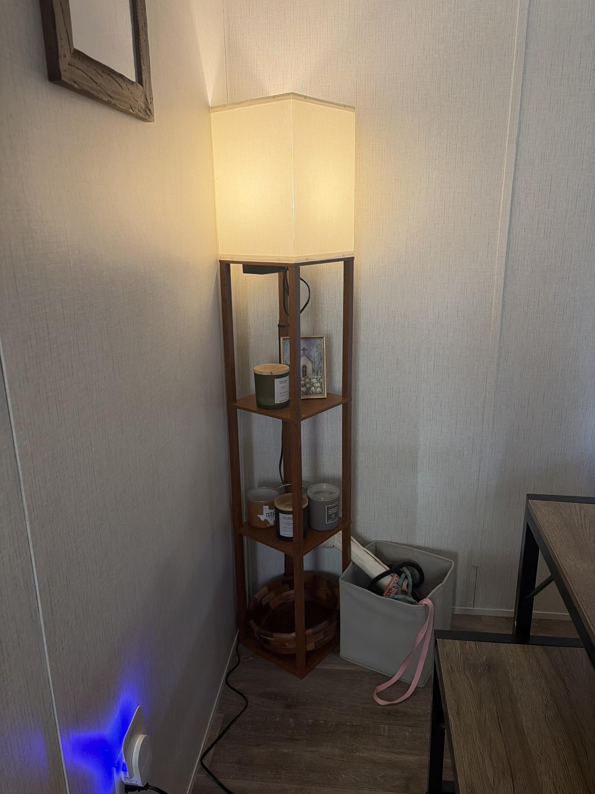 Floor Lamp with Shelves for Living Room, Shelf Floor Lamp with 3 CCT LED Bulb, Corner Display Standing Column Lamp Etagere Organizer Tower Nightstand with White Linen Shade for Bedroom, Office customer photo 2
