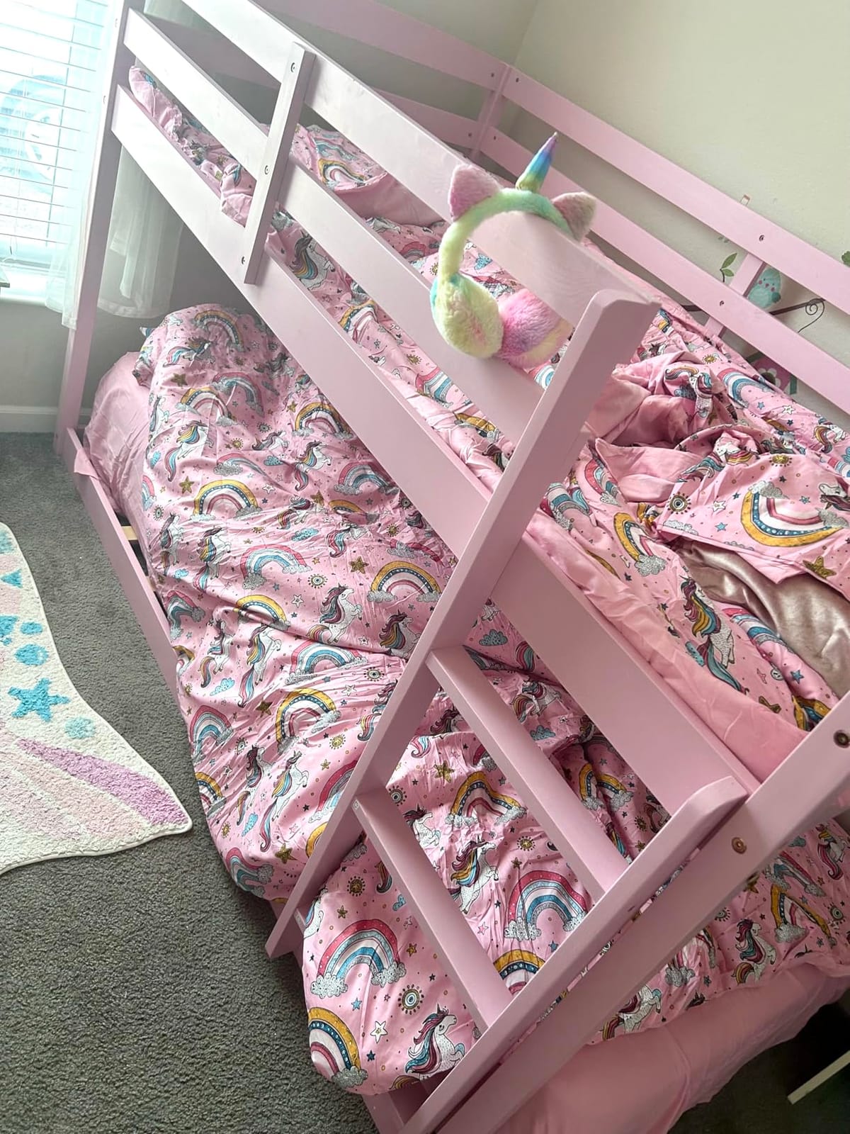 GIANTEX Twin Low Bunk Bed, Solid Wood Twin Over Twin Bunk Bed Frame with Full Guardrails & Integrated Ladder, Floor Twin Bunk Beds for Kids Boys and Girls, No Box Spring Needed, Grey customer photo 2