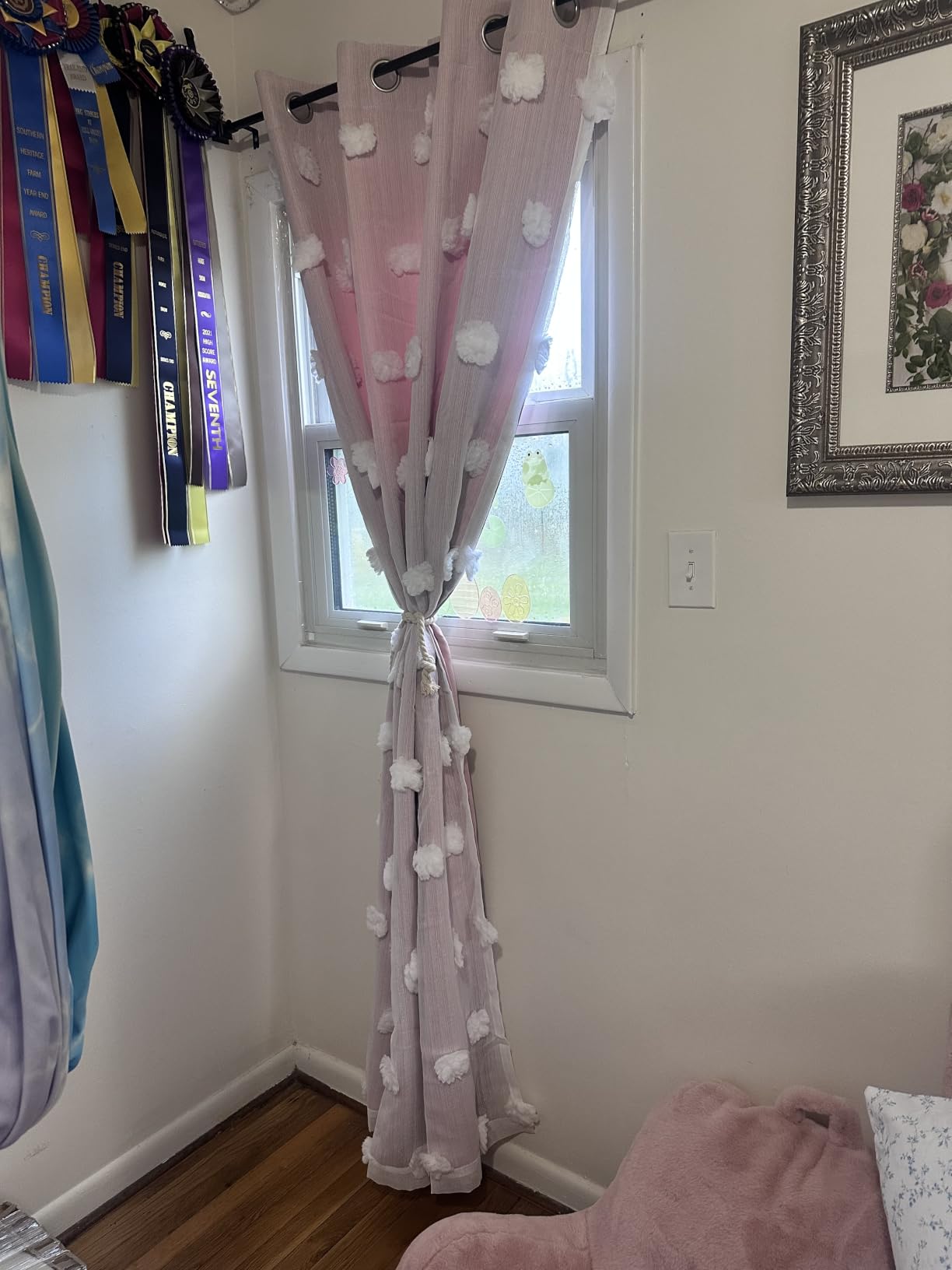 MYSKY HOME Pink Curtains for Girls Bedroom 84 Inches Long Blackout Nursery Curtains Double Layer Pom Pom Sheer Overlay Kids Toddler Room Decor Grommet Privacy Room Darkening Window Drapes 52 x 84 Inch customer photo 2