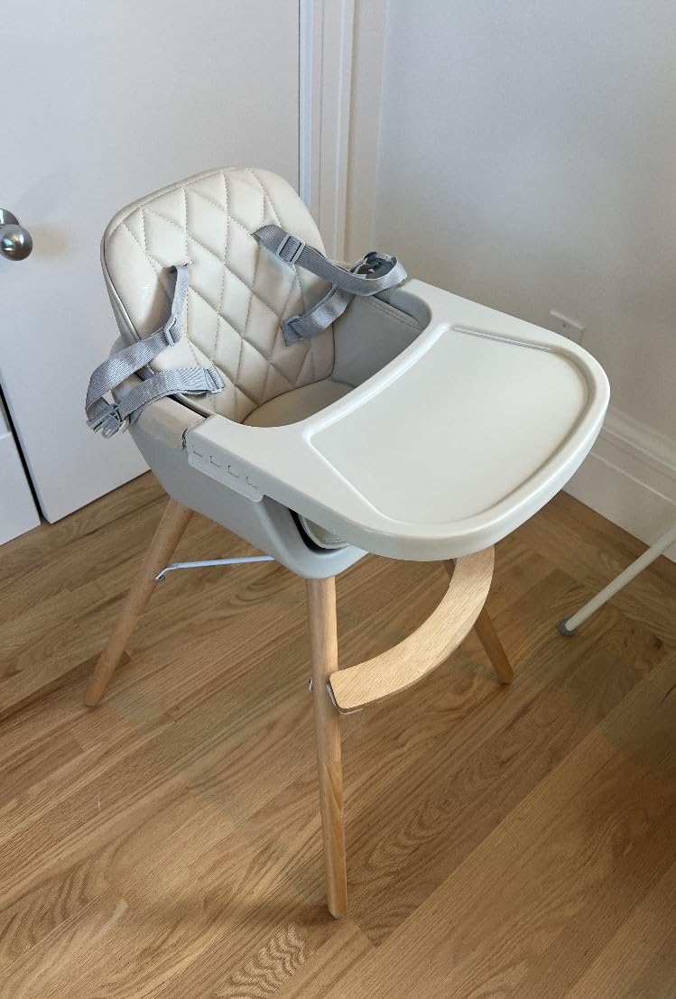 Mallify 3-in-1 Wooden High Chair, Convertible High Chairs for Babies and Toddlers, Baby Highchair with Adjustable Legs & Dishwasher-Safe Tray, Sleek Hardwood & Premium PU Cushion, Beige customer photo 1