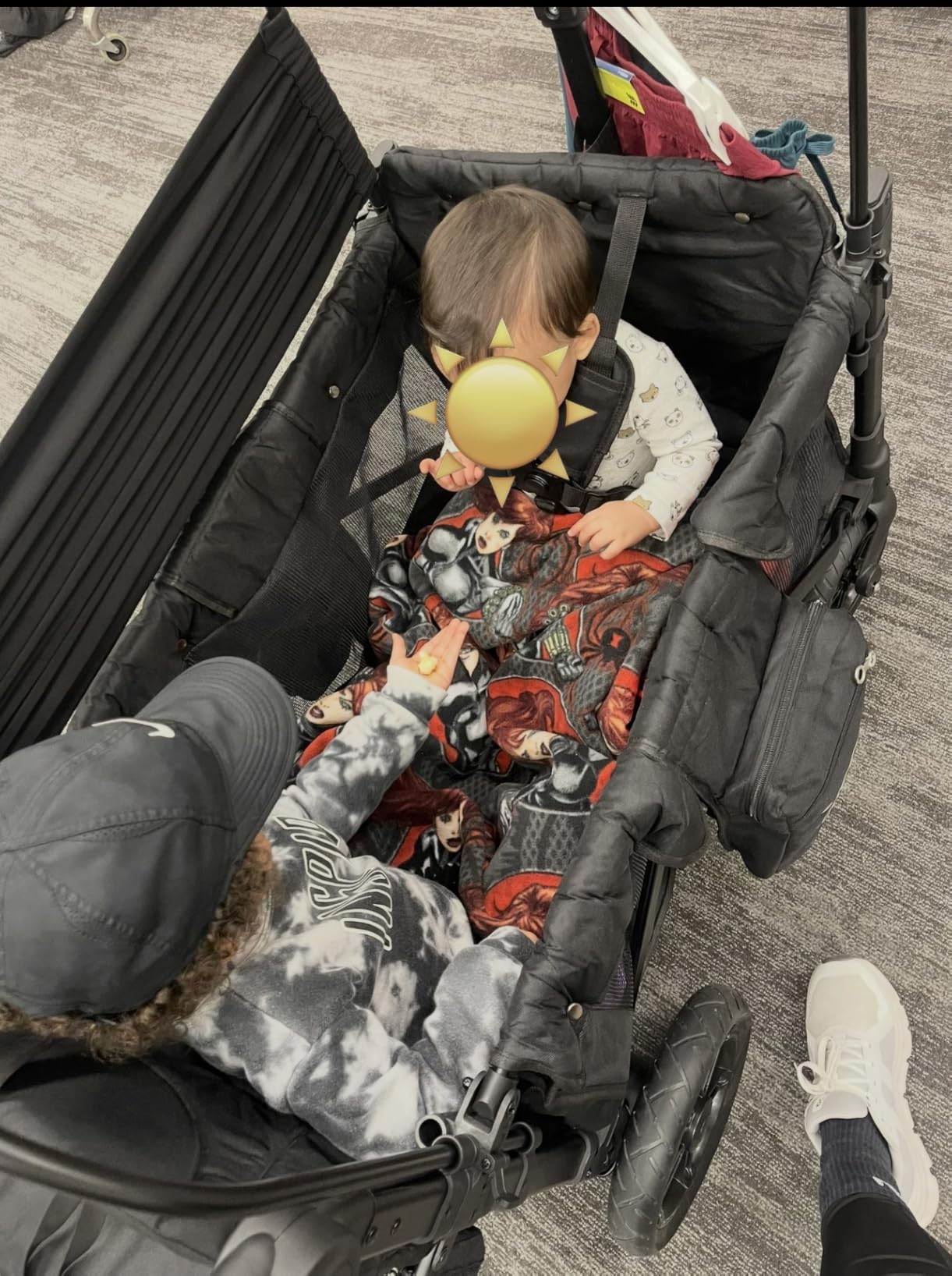 Rovique Wagon Stroller for 2 Kids,Premium Wagon for Kids with Removable Canopy, Snack Tray, Convertible Baby Bassinet, 5-Point Safety Harness, All-Terrain PU Wheels & Adjustable Push/Pull Handle,Grey customer photo 2