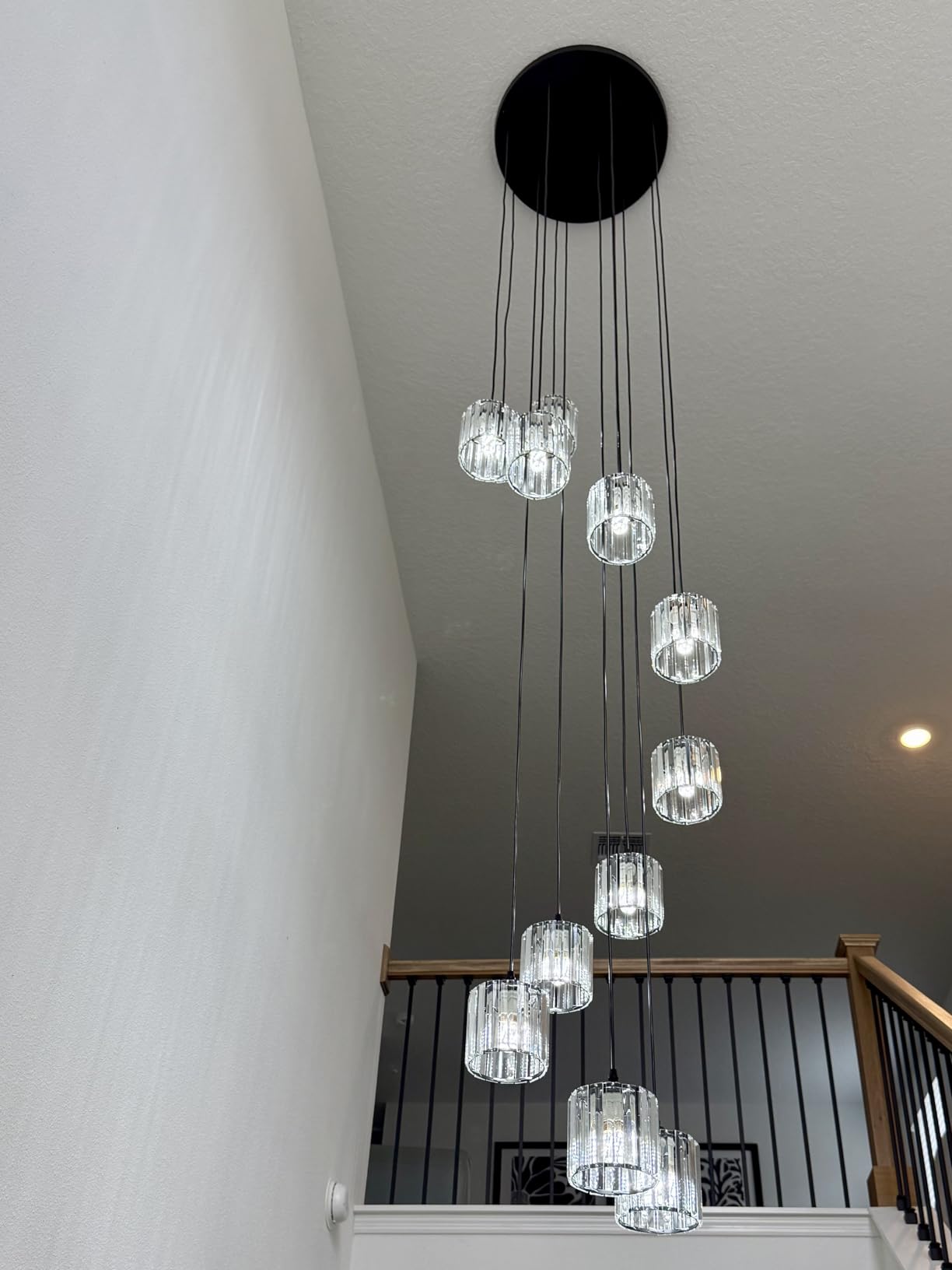 Long Chandeliers for High Ceilings,Modern Crystal Pendant Light,Raindrop Drop Lamp,Hanging Flush Mount Lighting Fixtures for Spiral Staircase,Foyer,Entryway,Living Room,Black (12 Lights) customer photo 1