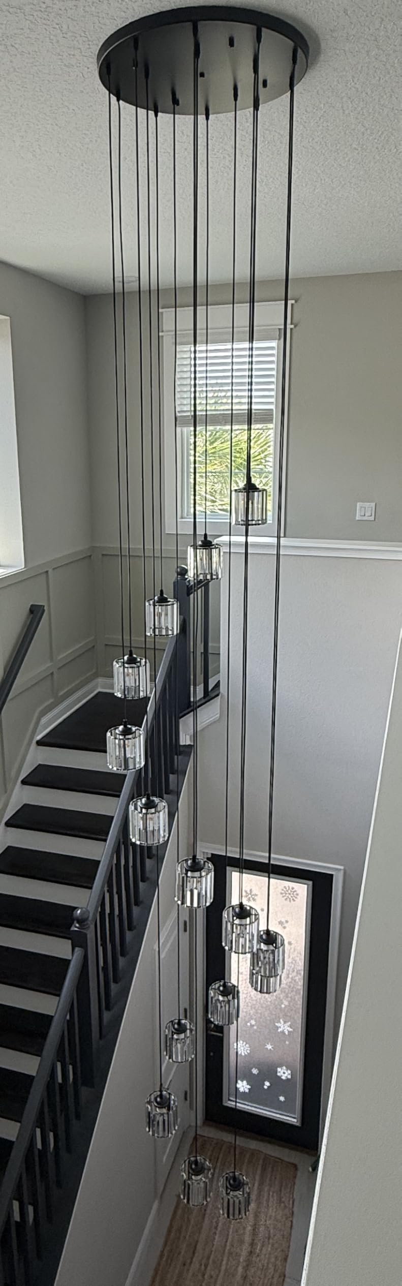 Long Chandeliers for High Ceilings,Modern Crystal Pendant Light,Raindrop Drop Lamp,Hanging Flush Mount Lighting Fixtures for Spiral Staircase,Foyer,Entryway,Living Room,Black (12 Lights) customer photo 2