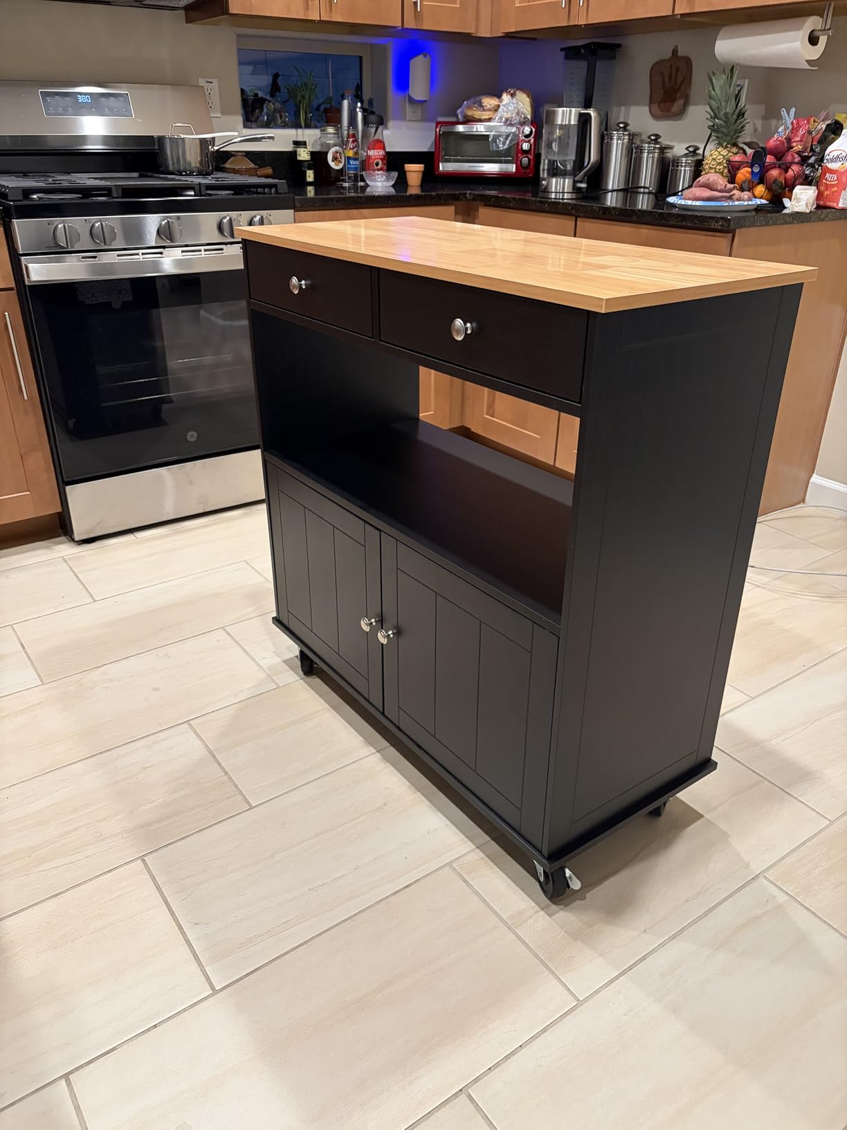 knoworld Rolling Kitchen Island with Storage Cabinet, 35.4'' Width Kitchen Cart, 2 Drawers Island Table, Portable Mobile Kitchen Island with Towel Rack, Wood Top and Lockable Wheels, Black customer photo 1