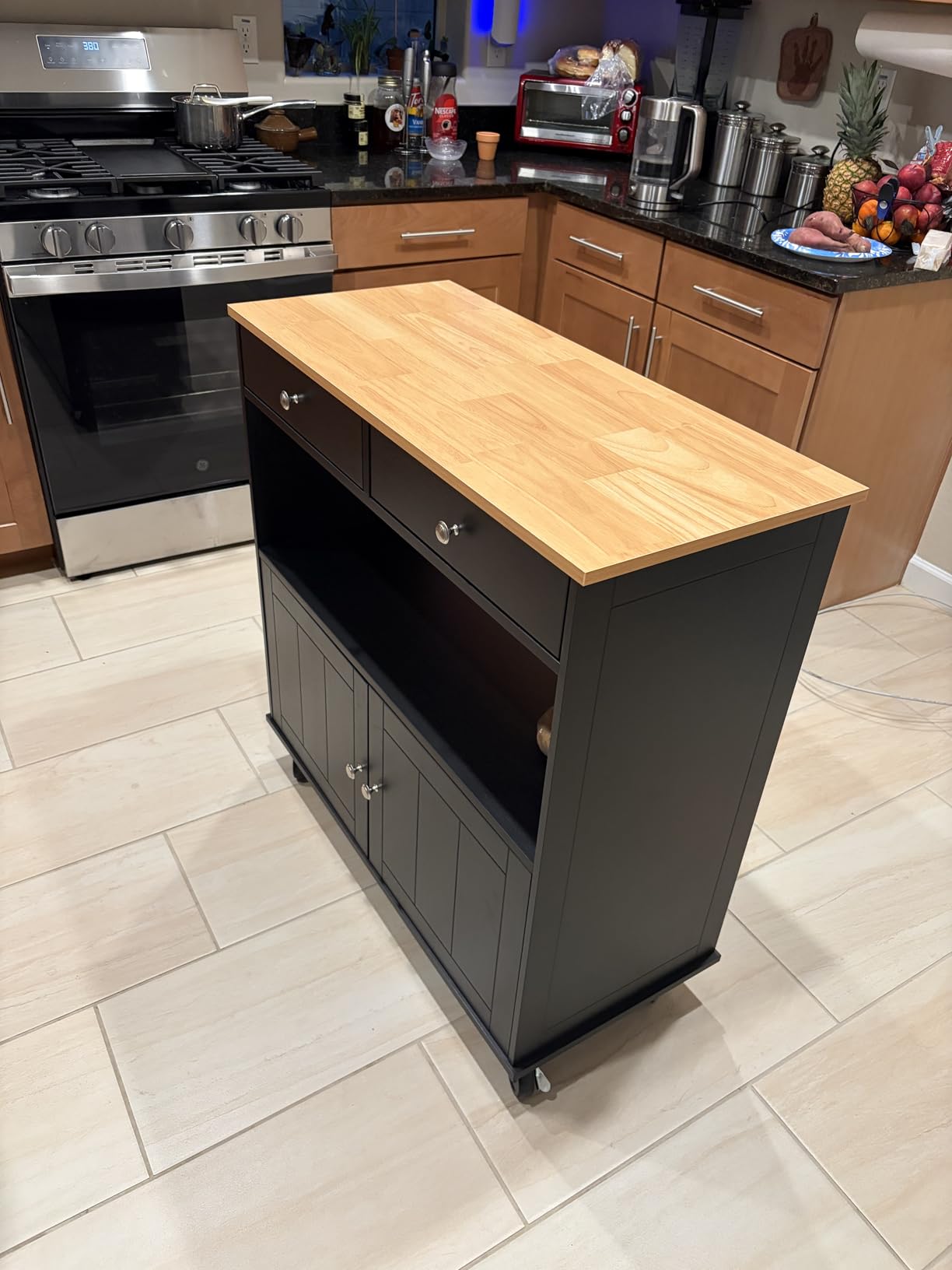 knoworld Rolling Kitchen Island with Storage Cabinet, 35.4'' Width Kitchen Cart, 2 Drawers Island Table, Portable Mobile Kitchen Island with Towel Rack, Wood Top and Lockable Wheels, Black customer photo 2