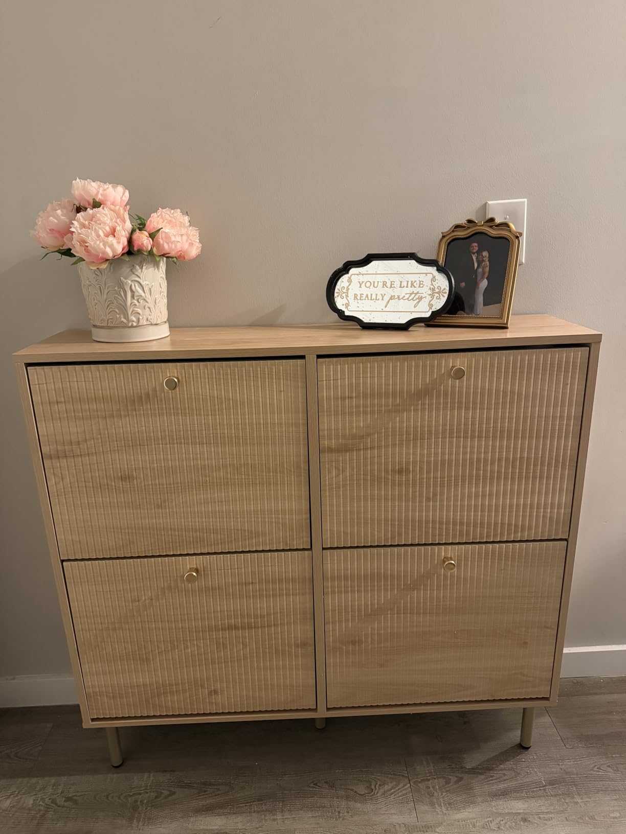 Nicetree Shoe Cabinet, 3 Flip Drawers & Adjustable Shelves, Ultra Slim Freestanding (9.1” Deep), Holds 30 Pairs, Narrow Shoe Storage Cabinet with Anti-Tip Safety, Modern Farmhouse White Walnut customer photo 2