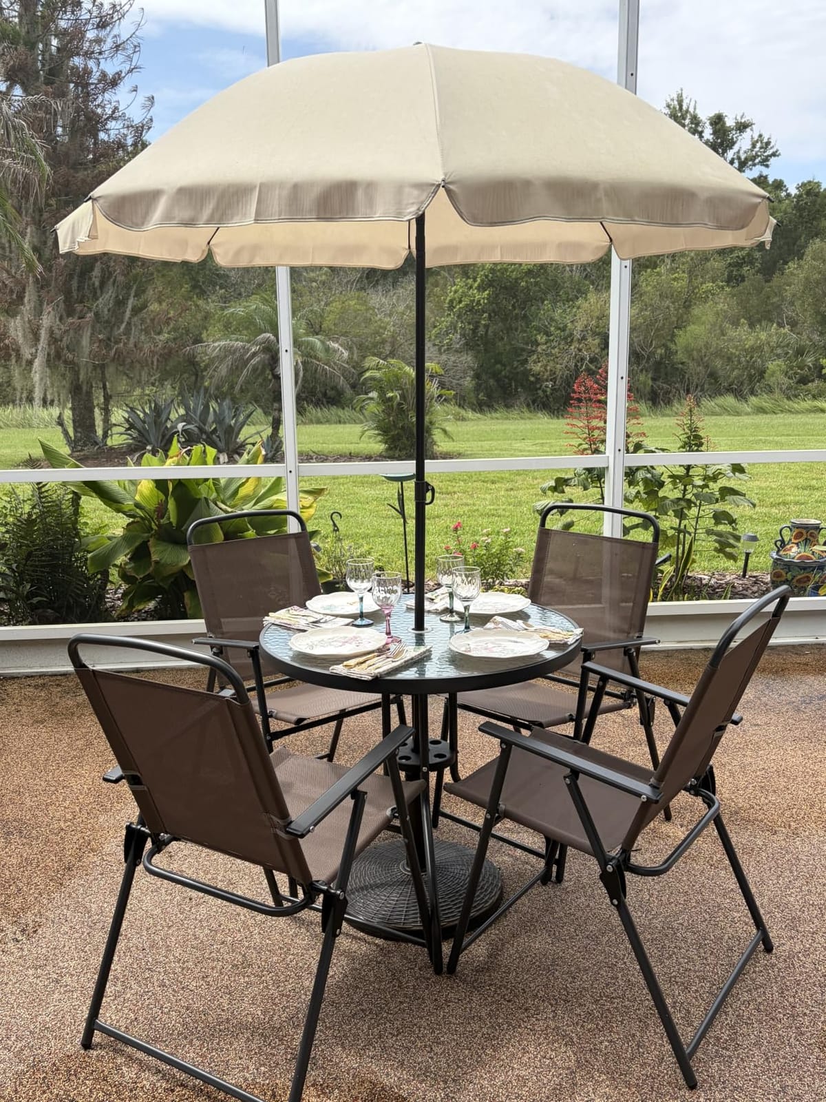 Shintenchi 6 Piece Patio Dining Set with Umbrella, Outdoor Furniture Set with 4 Folding Chairs and Tempered Glass Top Dining Table for Lawn Backyard Garden Porch, Brown and Beige customer photo 2