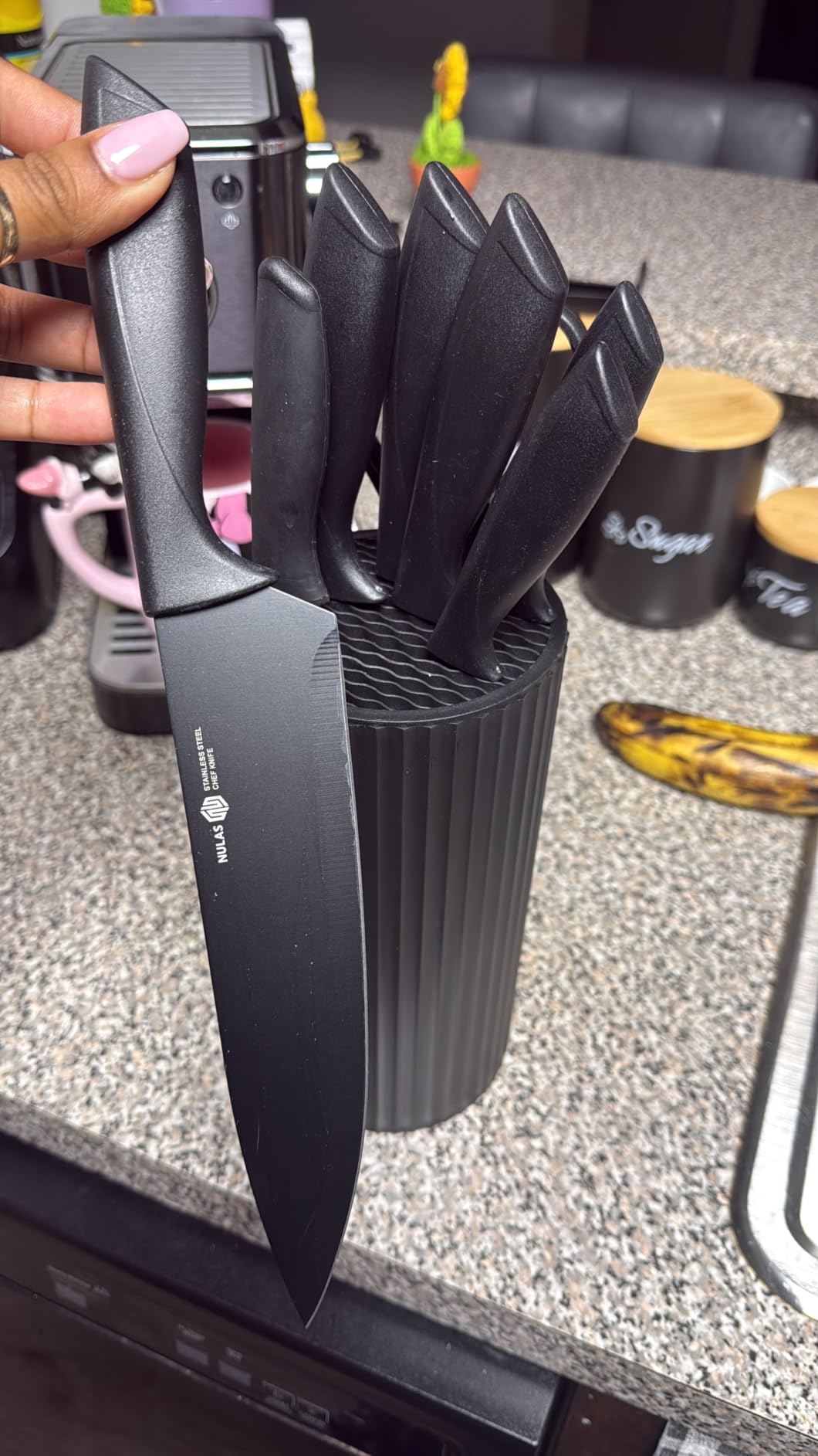 Knife Set, 8-Piece Kitchen Knife Set with Universal Block - Anti-Rust Chef Knives, Ergonomic Design, Dishwasher Safe (Black) customer photo 1