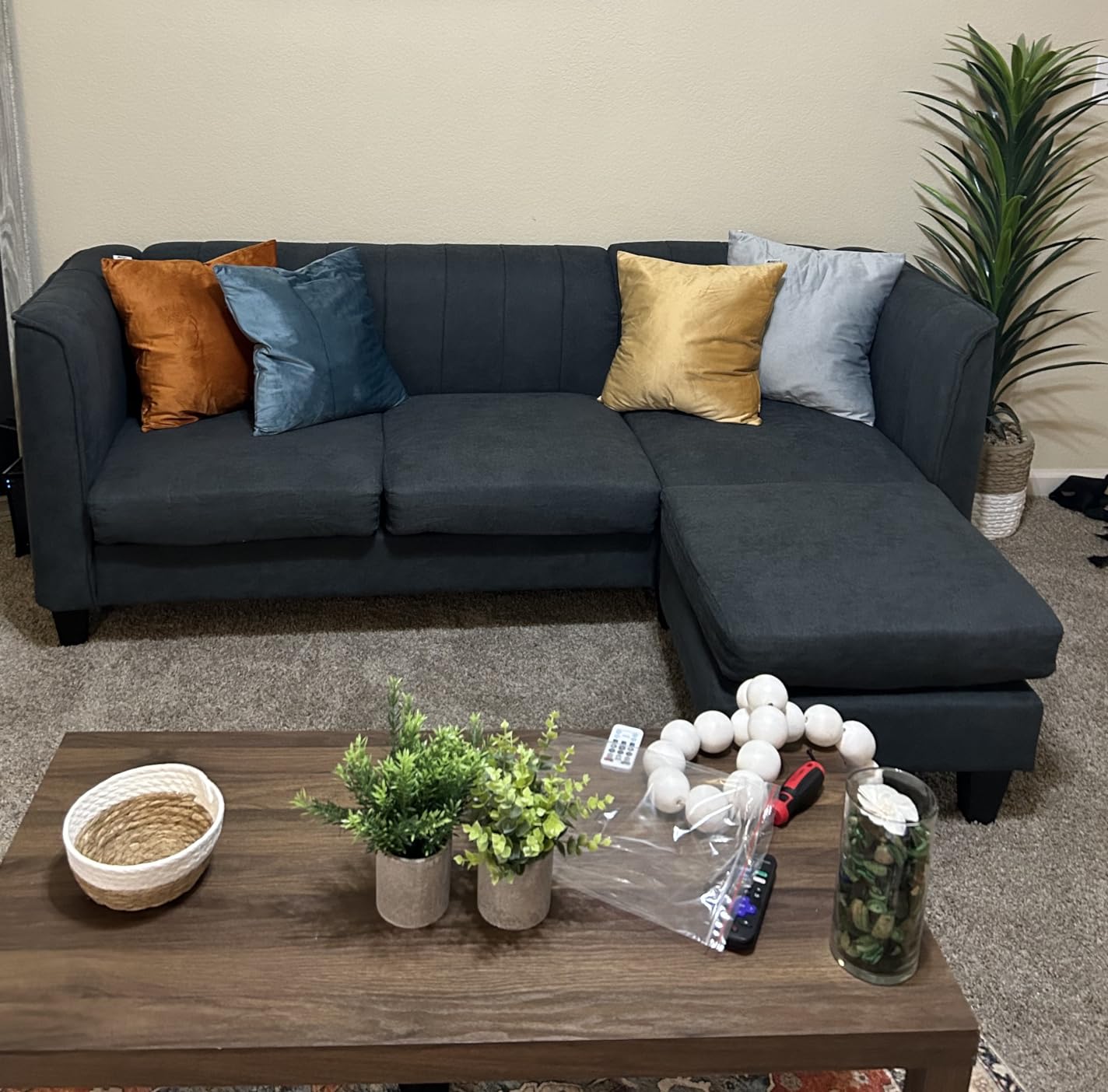 Shintenchi Modern Upholstered Sectional Sofa, L-Shaped Couch with Storage Ottoman and Reversible Chaise for Living Room, Carbon Black Corduroy Fabric customer photo 1